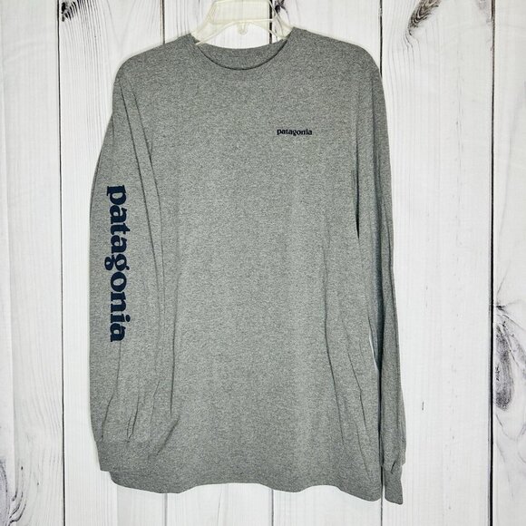Patagonia Long Sleeve T-Shirt Sz M Gray Spellout Sleeve Logo Responsibili-tee - Picture 1 of 8